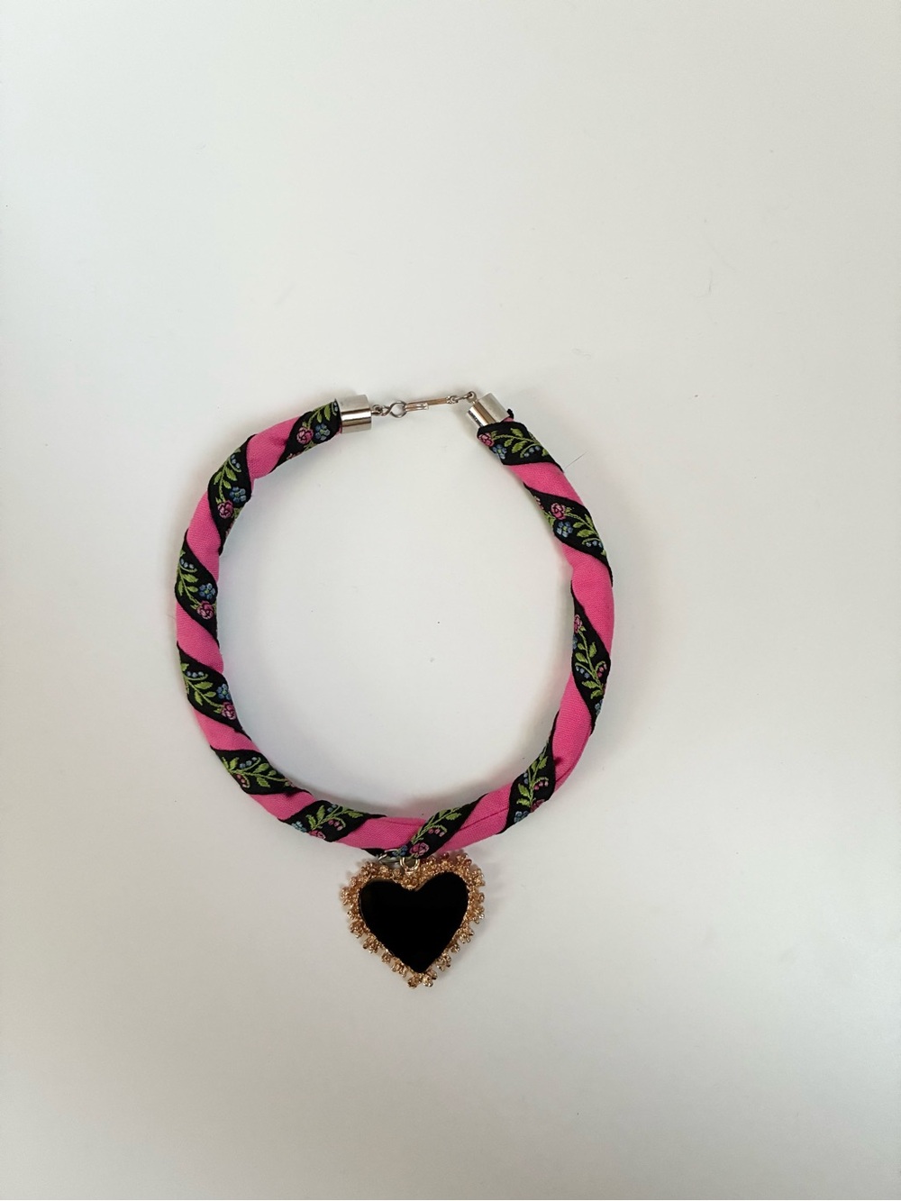 Pink Braided Heart Pendant Choker Necklace OS